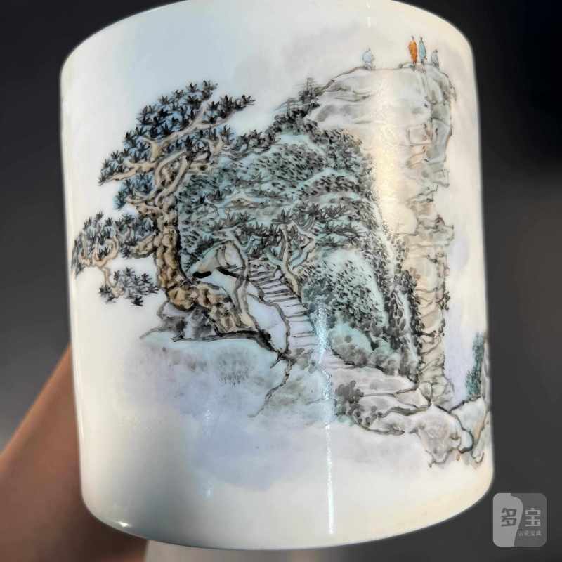 当代 王锡良粉彩山水人物纹笔筒；书法一副 - 图7